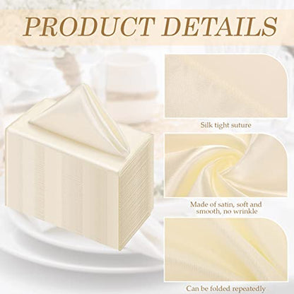 Tatuo 50 Sets Ivory Satin Napkins and Rings Set 17 x 17 Inch Square Dinner Cloth Napkins Holder Bulk for Wedding Party Supplies Banquet, Parties Dinner Decoration(Ivory)