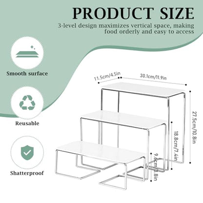12-Inch Rectangular 3 Tier Serving Tray Stand, White Acrylic Trays with Silver Painted Iron Rack, Removable Dessert Display for Cupcakes, Appetizers, Fruit and Cookies - color: White and Silver