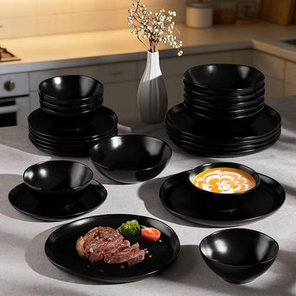 Herogo 12Pcs Plates and Bowls Set for 4, Irregular Handmade Stoneware Dinnerware, Crack and Scratch Resistant, Microwave & Dishwasher Safe, Reactive Glaze, Artistic Rustic Tableware, Matte Black - color: Matte Black, size: 4 Set (12pcs)