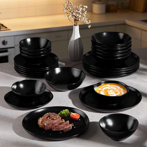 Herogo Stoneware Dinnerware Sets for 6, 18 Piece Ceramic Dinner Dishes Set, Irregular Handmade Plates and Bowls Dishware, Crack and Scratch Resistant, Reactive Glaze,Matte Black - color: Matte Black, size: 6 Set (18pcs)