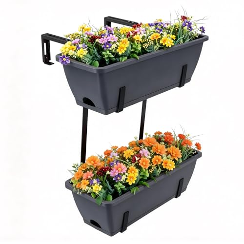 16.9 Inches Deck Railings Planter Box, 2Pcs Hanging Flower Pots, Grey | Balcony Planter Boxes with Detachable Hooks & Trays, Drainage Holes, Fits Window Yard Garden Decor for Plant, Countryside - color: Gray