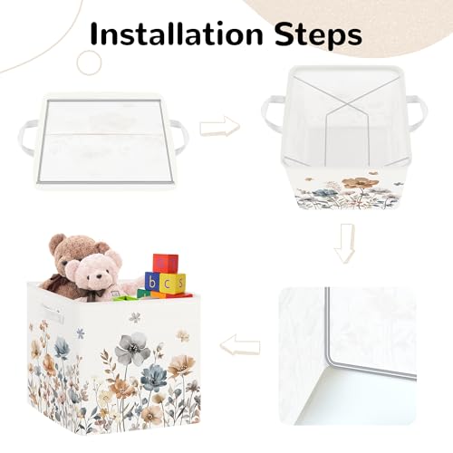 Clastyle 11.8" Flower Storage Basket Set of 3 for Kid Women Toy Clothes Bin | Collapsible Fabric Book Bin, Metal Frame Bottom Board, Cube Organizer, Closet Nursery Pantry Shelf Bedroom, Boho Meadow - color: Brown