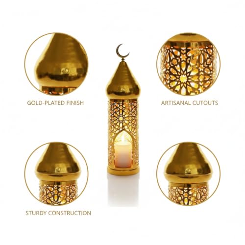 Hang or Display Decorative Metal Lantern with Gold-Plated Finish for Ambient Candle Lighting