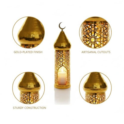 Hang or Display Decorative Metal Lantern with Gold-Plated Finish for Ambient Candle Lighting
