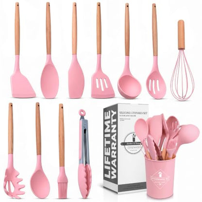 Kitchen Utensils Set with Holder for Nonstick Cookware - 12 Pcs Pink Silicone Cooking Utensils Set, Kitchen Tools for Daily Cooking - Wooden Handle Cooking Tools for Baking Serving and Mixing Tasks - color: Pink