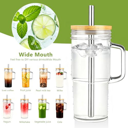 Birity Glass Cups with Lids and Straws,24oz Glass Tumbler With Handle,4 Pack Reusable Iced Coffee Cup with Lids-Mason Jar with Lid and Straw,Boba Cup for Cold & Hot Drinks,Smoothies Cup,Travel Mug - color: 24 oz 4-pack classic