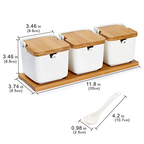 Set of 3 Porcelain Sugar Bowl, 8.8 fl oz Condiment Pots with Spoons Bamboo Flip Lids Labels, Spice Salt Tray Serving for Home Kitchen - color: S-002-3