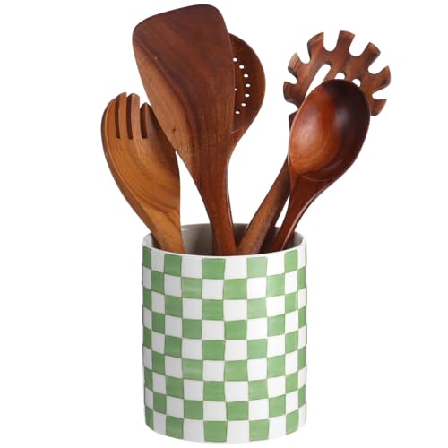 Green and White Checkered Utensil Holder, Painted Ceramic Kitchen Countertop Storage Jar with Sealed Lid, Kitchen Organizer for Spatulas & Coffee Beans, Long-Lasting & Easy Clean, Medium Size