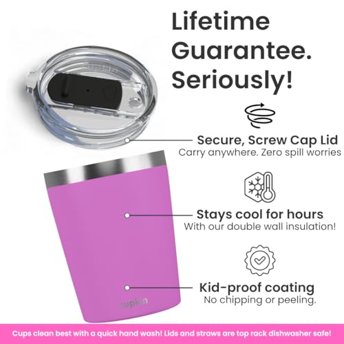 CUPKIN Cups with Lids and Straws, The Original 8 oz Stackable Stainless Steel First Sippy Cup, Set of 2 Powder Coated Insulated Kids Hot Drink Cup + BPA Free Lids + Silicone Straws (Green + Pink) - color: Green + Pink, size: 8 Fl Oz (Pack of 2)