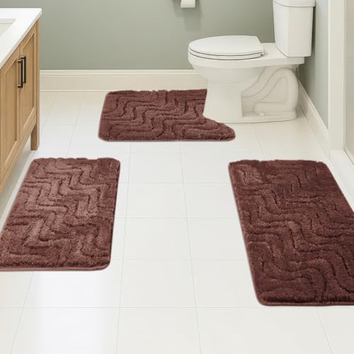 Bath Rugs Set 3 Pieces Bathroom Mat Soft Absorbent Plush Shaggy Soft Floor Non Slip Shower Bath Tub Machine Washable (Cocoa-Wave, 20"x32"/20"x20"/17"x24") - color: Cocoa-wave, size: 20"x32"/20"x20"/17"x24"
