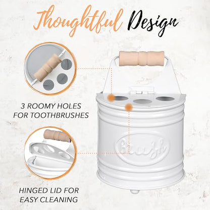 Autumn Alley Kids Bathroom Accessories Set – 2-Piece White Soap Dispenser & Toothbrush Holder, Farmhouse Bathroom Countertop Organizer for Kids, Durable Metal Bathroom Set with Wood Handle - color: White