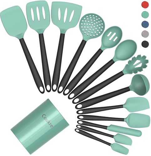 Coukre Silicone Kitchen Cooking Utensils Set, Heat Resistant, 14-Piece | Dishwasher-Safe, Food-Grade Silicone, BPA-Free, Spatulas, Spoons & Turner, Safe for Nonstick Cookware, AquaGreen - color: AquaGreen