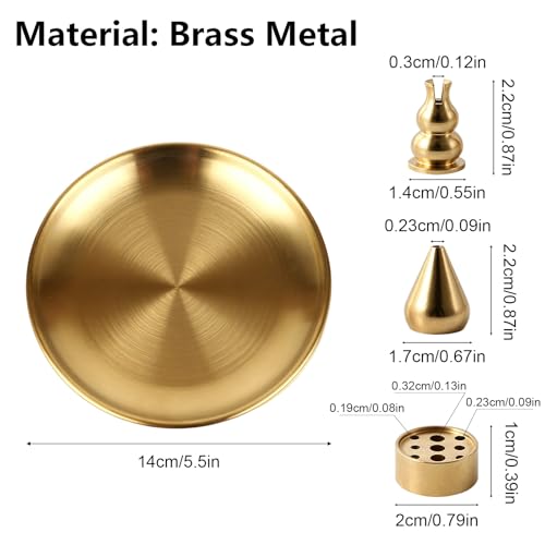 Brass Incense Holder for Sticks with Ash Catcher, 4-in-1 Stackable Incense Burner Holder, 5.5 Inch Round Tray, 9 Holes Insert for Meditation Yoga Home Decor