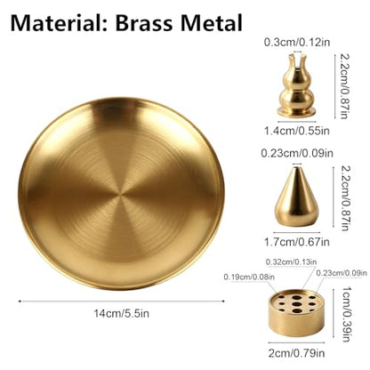 Brass Incense Holder for Sticks with Ash Catcher, 4-in-1 Stackable Incense Burner Holder, 5.5 Inch Round Tray, 9 Holes Insert for Meditation Yoga Home Decor