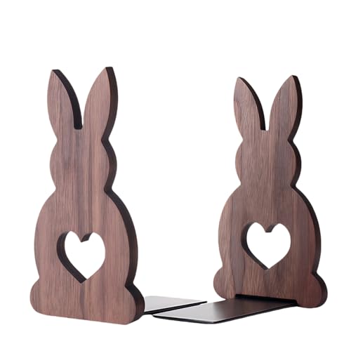 2-Pack Bunny Walnut Bookends, 6.7x3.5in | Solid Wood, Natural Grain, Non-Slip Base, Detachable, for Shelves/Desk/Kids Room - color: Black Walnut Wood Rabbit