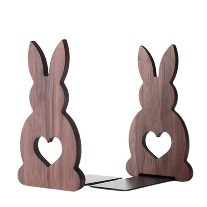 2-Pack Bunny Walnut Bookends, 6.7x3.5in | Solid Wood, Natural Grain, Non-Slip Base, Detachable, for Shelves/Desk/Kids Room - color: Black Walnut Wood Rabbit