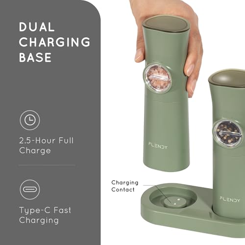 Flendy Gravity Electric Salt and Pepper Grinder Set with Charging Base | USB-C Charging Base, Gravity-Activated, Automatic, Rechargeable, Dust Cover, Large Capacity, Slim, Kitchen Housewarming Gift - color: Sage