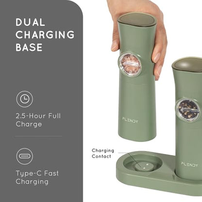 Flendy Gravity Electric Salt and Pepper Grinder Set with Charging Base | USB-C Charging Base, Gravity-Activated, Automatic, Rechargeable, Dust Cover, Large Capacity, Slim, Kitchen Housewarming Gift - color: Sage