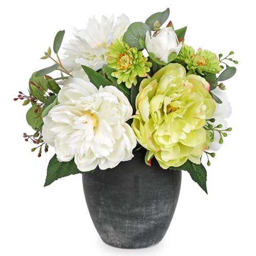 Fake Flowers in Vase Faux Floral Arrangements Centerpiece Artificial Flowers with Vase Spring Flower Centerpieces for Tables White Silk Flowers Arrangement in Vase - color: White Green