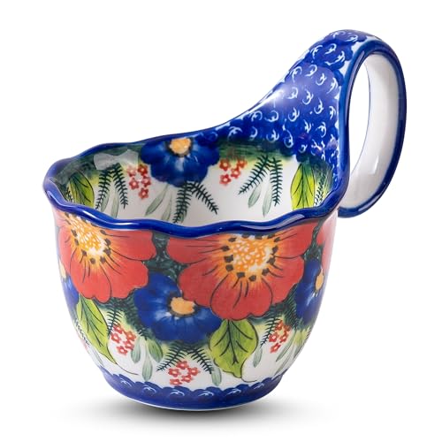 18oz Large Ceramic Soup Mug with Handle, Hand-Painted Floral Style Bowl, High-Fired Stoneware, Microwave & Dishwasher Safe, Ideal for Soup, Cereal, Oatmeal, Stews, and Gifts - color: Red & Blue Fiesta