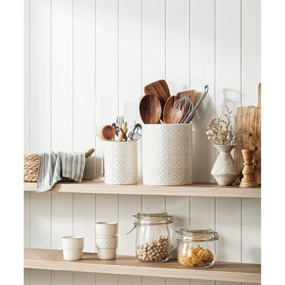Utensil Holder Set of 2, 7.3”+5.2”Ceramic Utensil Crock Organizer | Farmhouse Countertop Storage, Embossed Pattern - color: Off-White Set of 2