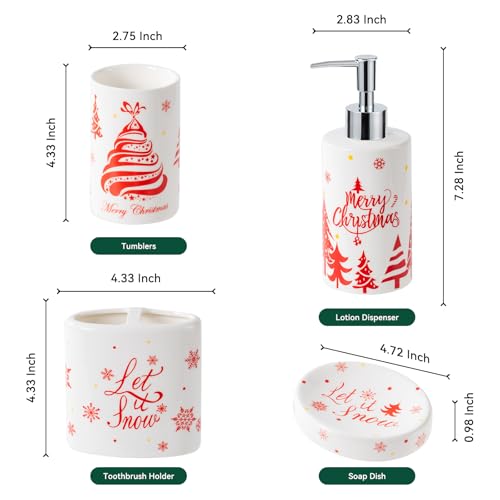 Christmas Bathroom Accessories Set, 4-Piece Ceramic Bathroom Accessory Set Include Lotion Dispenser, Toothbrush Holder Tumbler, and Soap Dish (White) - color: White