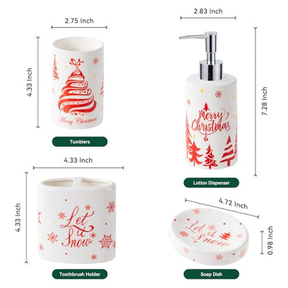 Christmas Bathroom Accessories Set, 4-Piece Ceramic Bathroom Accessory Set Include Lotion Dispenser, Toothbrush Holder Tumbler, and Soap Dish (White) - color: White