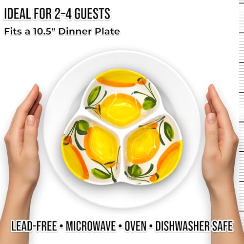 3-Compartment Ceramic Serving Dish, Handmade in Spain | 7.5” divided chip and dip bowl with lead-free glaze, microwave, oven and dishwasher safe, ideal for tapas, snacks and sauces - color: Sunny Lemon