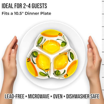 3-Compartment Ceramic Serving Dish, Handmade in Spain | 7.5” divided chip and dip bowl with lead-free glaze, microwave, oven and dishwasher safe, ideal for tapas, snacks and sauces - color: Sunny Lemon