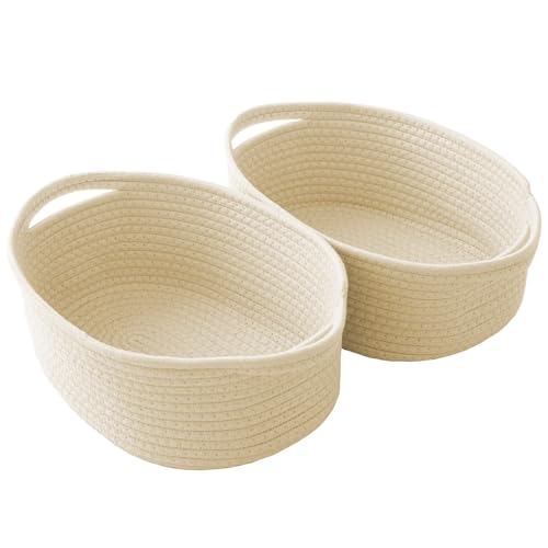JMvicyroam Small Woven Basket, Empty Gift Basket, Beige/2 Pack | Small Gift Basket, Cotton Rope, 12 x 8 x 10 in, Handles, Includes Ribbon and Bag, Birthday Gift Basket - color: Beige, size: 2 Pack