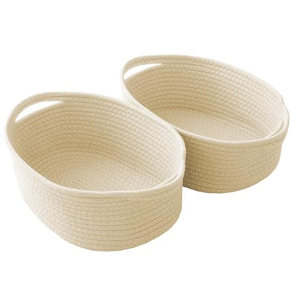JMvicyroam Small Woven Basket, Empty Gift Basket, Beige/2 Pack | Small Gift Basket, Cotton Rope, 12 x 8 x 10 in, Handles, Includes Ribbon and Bag, Birthday Gift Basket - color: Beige, size: 2 Pack