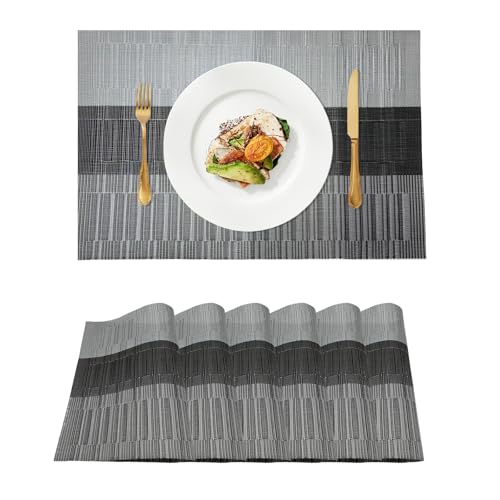 Placemats Set of 6 Anti-Slip Table Mat Set Easy-to-Clean, Heat Resistant Woven Non-Slip Heat Washable Vinyl Material for Kitchen and Dining Table Decoration (6, Grey Black) - color: Grey Black