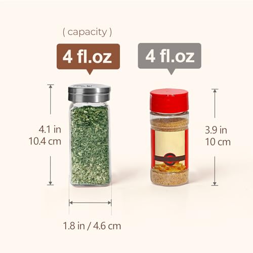 ComSaf Glass Spice Jars with Shaker Lids 4 oz 6 Pack Square | Labels, Seasoning Herbs Powders, Salt Pepper Chili, Spice Rack Organization, Kitchen Cabinet Storage, Funnel Included - color: 4oz*6 Shaker Lids
