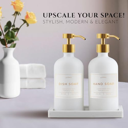 Glass Soap Dispenser Set of 2 (White) with Silicone Tray | Hand and Dish Soap Dispenser for Kitchen and Bathroom | 16.8 Oz Glass Bottles with Stainless Steel Pump & 15 Waterproof Labels (White/Gold) - color: White/Gold