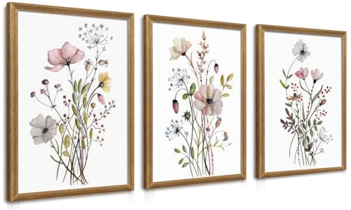 WRFON Framed Botanical Canvas Wall Art Set of 3, Watercolor Floral Prints, Framed Flower Wall Decor for Bedroom Bathroom Living Room, 12x16 Inch Each - color: Pink Flower(Framed), size: 16"L x 12"W