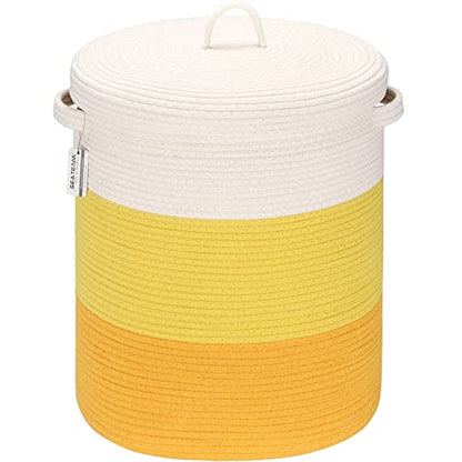 Sea Team Large Woven Cotton Rope Laundry Basket with Lid, 20 x 16 in | Collapsible Knitted Hamper with Handles, Lidded Closet Shelf Organizers for Clothing, Blankets, Toys, Bedding, Yellow - color: White & Yellow