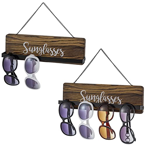 MyGift Rustic Burnt Wood Wall Mounted Sunglasses Storage Holder, Eyewear Hanging Display Organizer Rack with Cursive Sunglasses Lettering, Set of 2