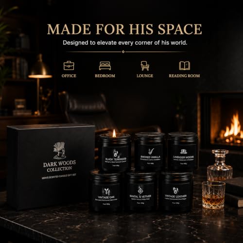 Scented Candles for Men, 6 Masculine Scents Set, 7 oz Each | 200H Burn Time, Woody Manly Gift Set, 7% Oil - size: 6 Pack - New Aroma