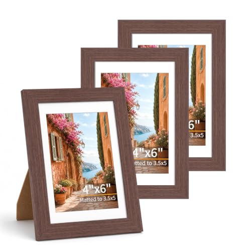 4x6 Wooden Picture Frames Set of 3 Mahogany Photo Frame Wall Table Display | Sturdy MDF 4x6 frames with mat clear plexiglass Hangs on wall stands on table family pics weddings diplomas home or office - color: Mahogany, size: 4x6