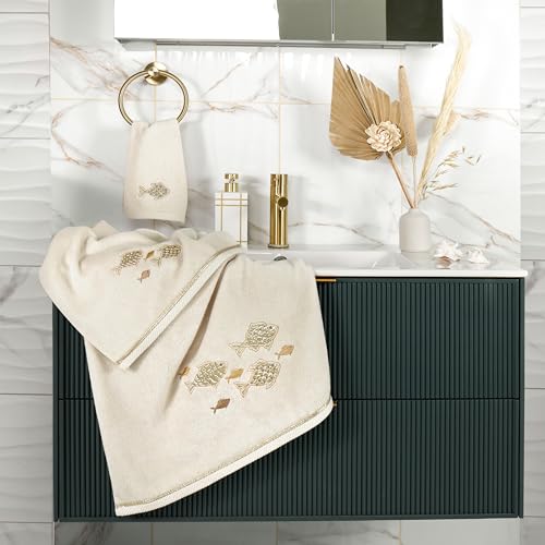Treasure 4-Piece Premium Towel Set, Sparkling Applique Fish, Ultra Plush Turkish Cotton, Durable, Perfect for Bathroom, 2 Bath 2 Hand Towels, Beige - color: Beige, size: 2 Pcs Bath 2 Pcs Hand Towel