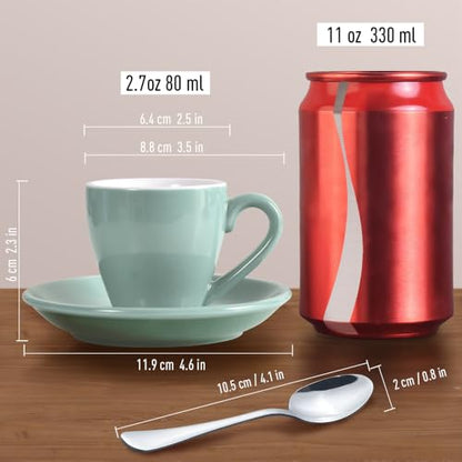 homEdge Porcelain Espresso Shot Cup Set with Saucers and Stainless Steel Spoons - 80 ml / 2.67 oz, Set of 4, Mint Green - color: Mint Green