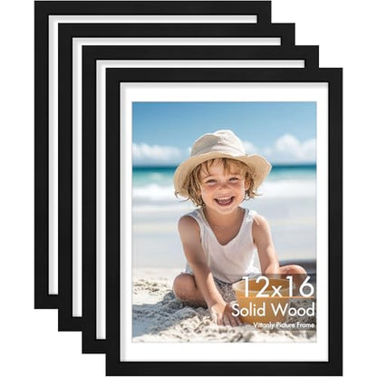 Vittanly Solid Wood 12x16 Picture Frames Set of 4, Black | 11x14 Picture Frame with Mat, Gallery Wall Frame Set, 12 x 16 Frame for Wall Hanging, Family, Pet, Christmas - color: Black, size: 12x16
