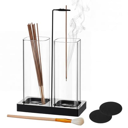 Zhehao 4 Pcs 2 in 1 Incense Holder for Sticks with Glass Ash Catcher Kit, Includes 1 Upside Down Anti-ash Flying Incense Burner 1 Ash Brush and 2 Mats for Meditation, Yoga, Spa, Home Decor