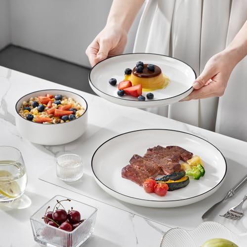 MALACASA Plates and Bowls Sets, 24 Pieces Modern Porcelain Dinnerware Set for 8 White Kitchen Dinner Dining Ware Set wtih Black Rim Ceramic Dishware Dishes Microwave and Dishwasher Safe, Series LUNA | Modern Ceramic Dishware Set,Kitchen Dining Ware,Microw
