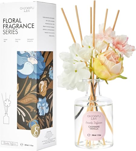 Chloefu Lan Cashmere Vanilla Reéd Diffuser Set with Flowers Reéd Diffuser Sticks, 6.7oz Scent Fragrance Essential Oil Diffuser for Bedroom Bathroom Home Décor Shelf Decor - color: Cashmere Vanilla