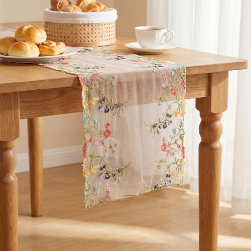 Embroidered Lace Table Runner Spring Summer Floral Tulle Trim Table Runner Flowery for Easter Kitchen Home Dining Wedding Party Indoor Decoration (13 x 120 Inch) - size: 13 x 120 inches