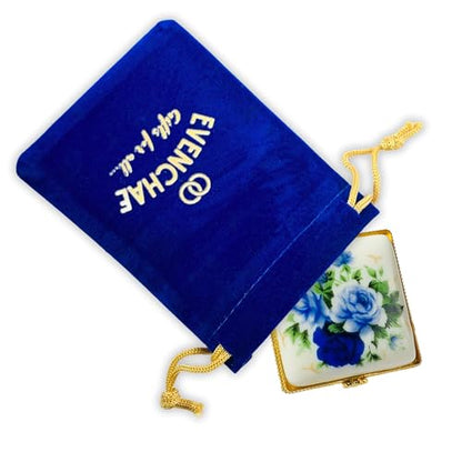 Tiny Square Porcelain Trinket Box | Blue Rose Bouquet | French Style Gift Box with Velvet Bag - style: Blue Rose Bouquet Square
