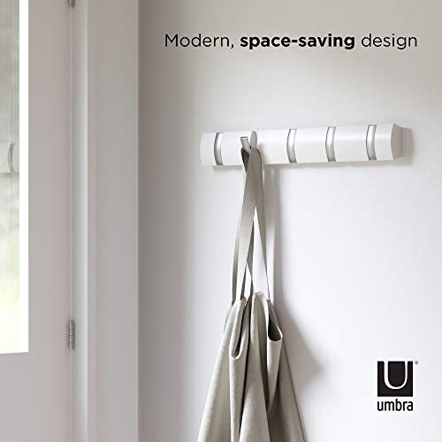 Umbra Flip Coat Rack, Wall Mounted 5-Hook Space Saving, White/Nickel | Real wood and steel build, retractable hooks fold flat, holds coats bags and scarves, easy install - color: White/Nickel, size: 5-Hook