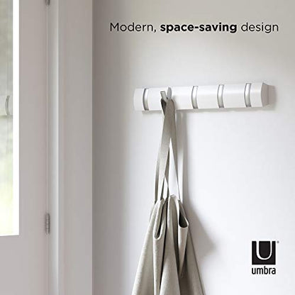 Umbra Flip Coat Rack, Wall Mounted 5-Hook Space Saving, White/Nickel | Real wood and steel build, retractable hooks fold flat, holds coats bags and scarves, easy install - color: White/Nickel, size: 5-Hook