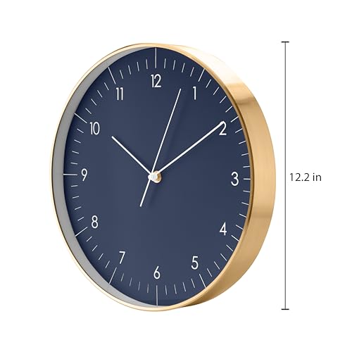 Modern Silent Quartz Wall Clock, 12in, Dark Blue & Gold | Elegant & Simple, Non-ticking, Analog, Easy-to-read display, Battery operated, for Guest room, Bedroom, Kitchen - color: Dark Blue, 12"